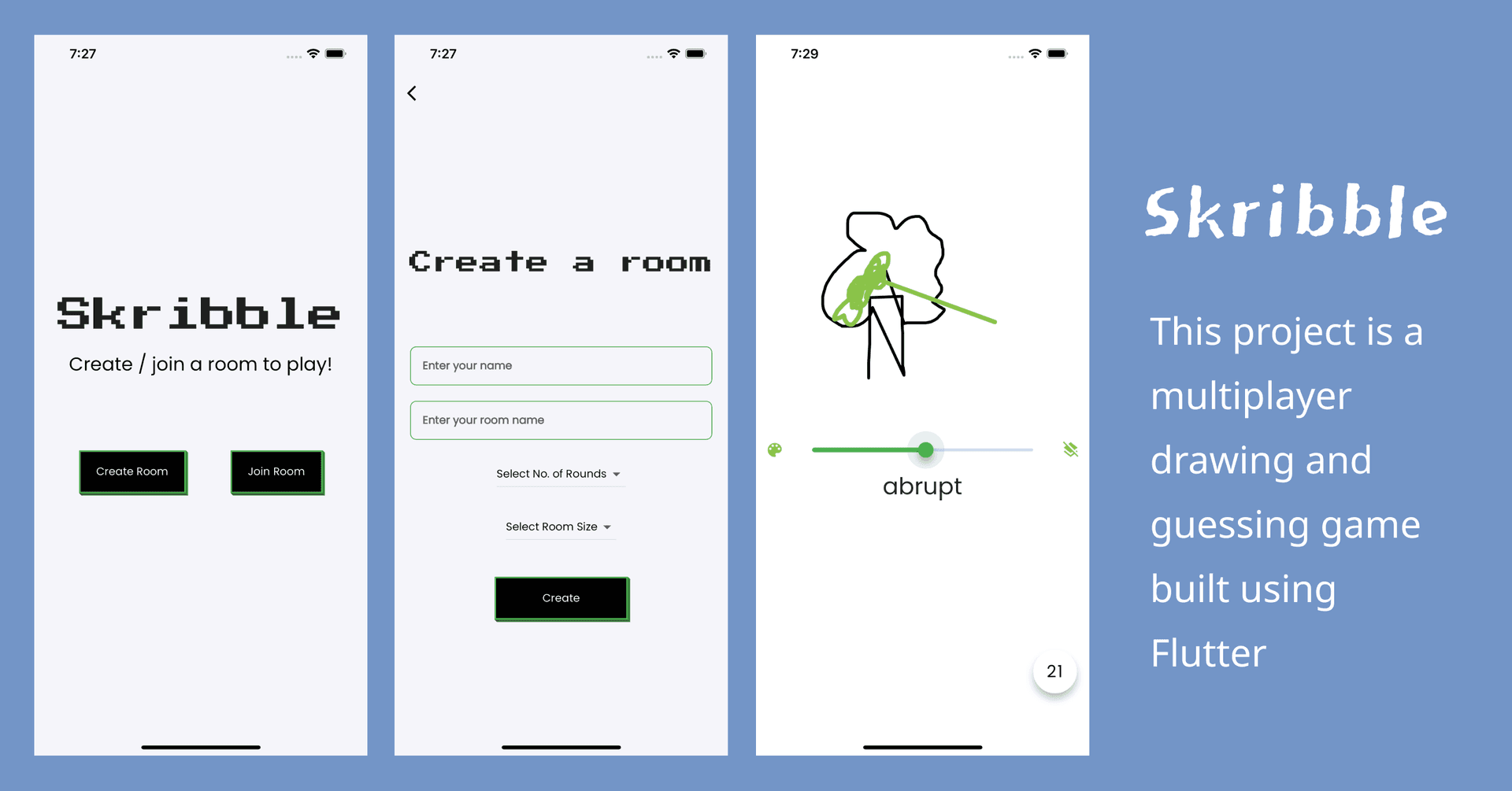 Skribble Multiplayer Game — screenshot of the Flutter, Dart, Socket, NodeJS, MongoDB project